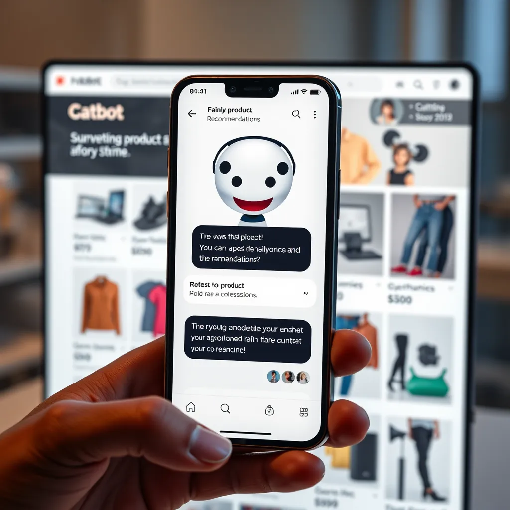 A photorealistic image of a friendly chatbot interface on a smartphone displaying personalized product recommendations to a user. The background shows a stylish e-commerce website with various products like clothing, electronics, and accessories. The scene should convey a sense of interactivity and ease of use.