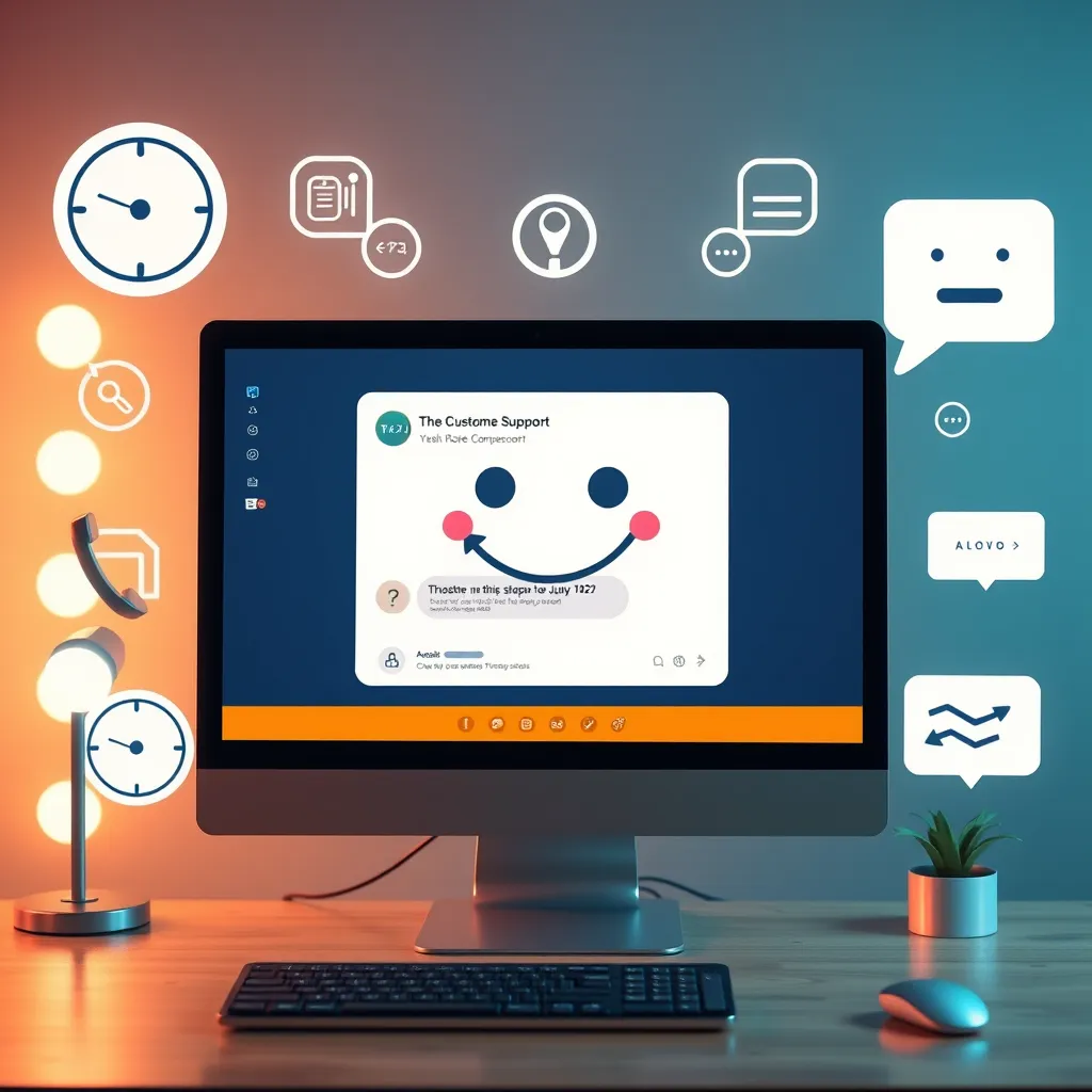 A photorealistic image of a friendly-looking chatbot interface on a computer screen, surrounded by various customer support icons like a clock, phone, and speech bubbles, symbolizing 24/7 accessibility and support.