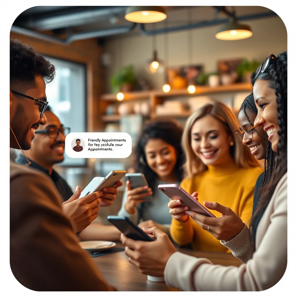 A photorealistic scene showing a diverse group of people using their smartphones to interact with a friendly chatbot interface. The background features a cozy coffee shop, with people smiling as they schedule appointments. Include visual cues like chat bubbles and icons representing appointment confirmation.