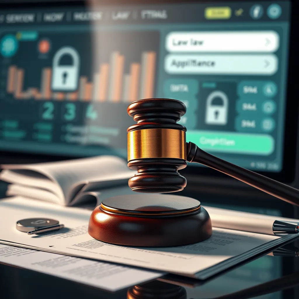 A powerful visual of a gavel representing legal compliance hovering over documents with data protection symbols. The setting should include a digital interface with appointment booking elements to connect the themes of law and technology.