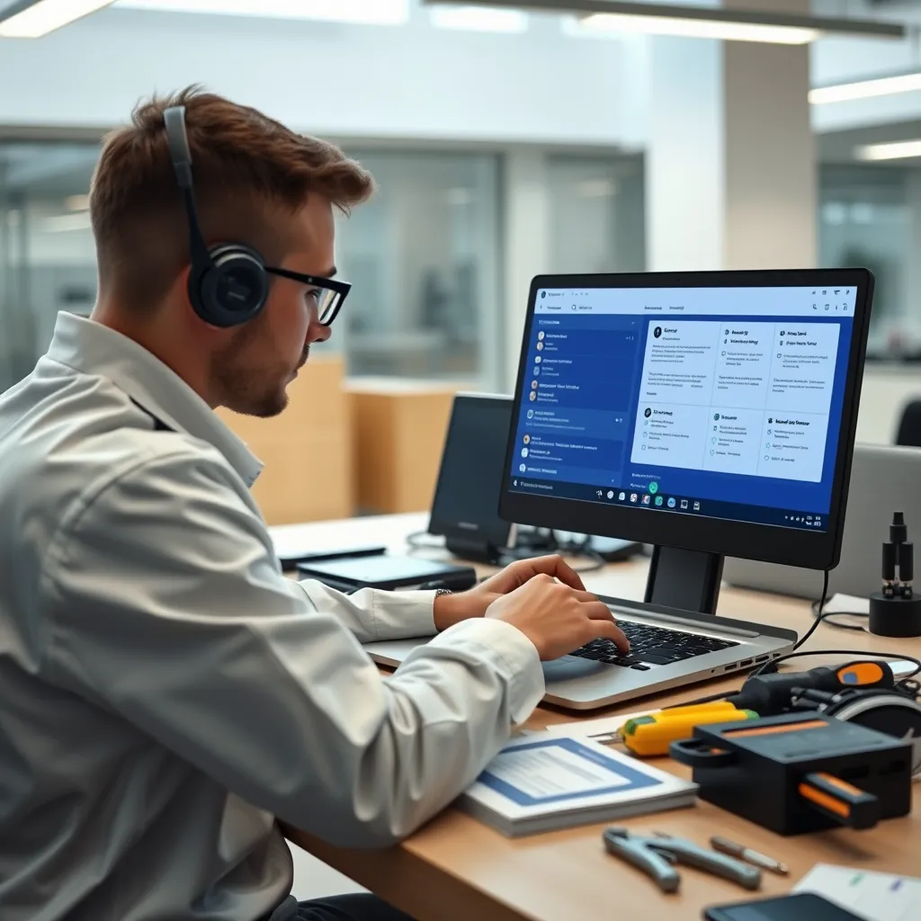 A professional technician installing a chatbot system on a laptop in a modern office setting. The screen displays chatbot integration interfaces, while tools and manuals are visible around, showcasing a clean, organized workspace.