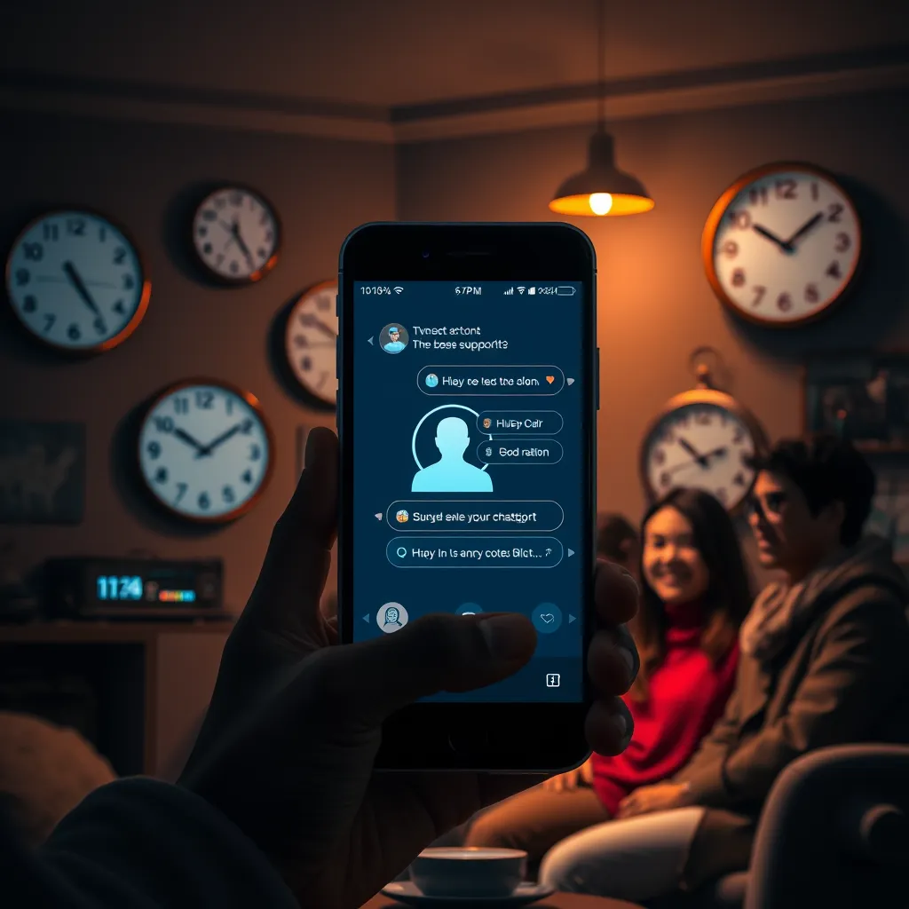 A serene night scene where a digital assistant is visible on a smartphone screen, glowing softly in a dimly lit room. Various clocks showing different time zones are in the background, illustrating global support. Happy customers from different cultures can be seen interacting with the chatbot.