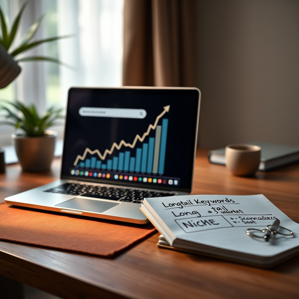A serene workspace featuring a laptop on a desk, displaying a graph with rising search trends. Next to the laptop, a notebook showcases long-tail keywords, with visual elements symbolizing niche markets and targeted audience engagement.