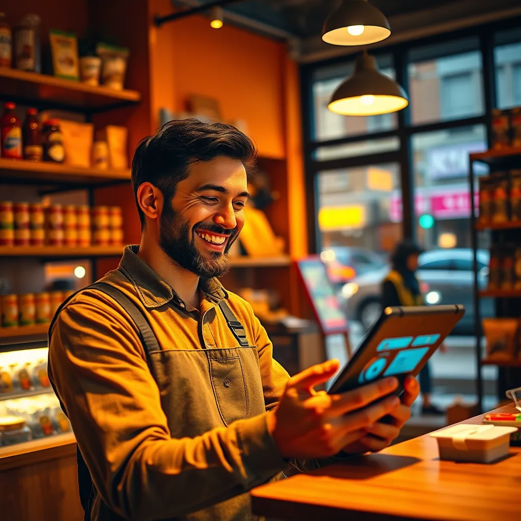 A small business owner happily engaging with a chatbot on a tablet in a cozy shop setting. The ambient lighting is warm and inviting, creating a friendly atmosphere. A harmonious color palette of warm oranges and browns envelops the space. The camera angle is close-up on the owner, with the tablet prominently featured while showcasing shelves of products in the background. Textures of wooden surfaces and vibrant product packaging add depth. Environmental elements like a bustling street visible through large windows enhance the scene. The mood is optimistic and entrepreneurial, reflecting the spirit of small businesses. Crafted in ultra-detailed 8K resolution, hyperrealistic.