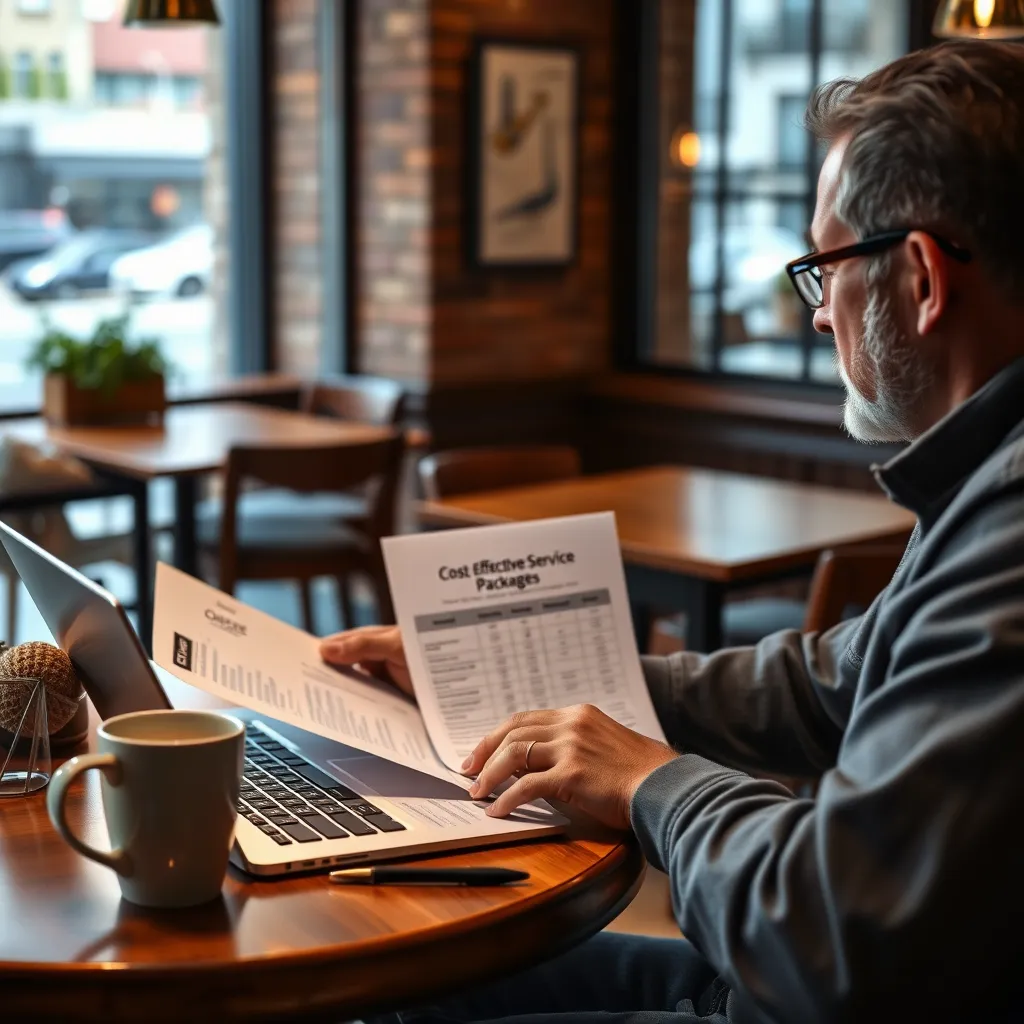 A small business owner reviewing cost-effective service packages on a laptop at a cozy café. The scene depicts financial documents and a coffee cup, highlighting the balance of work and leisure while making informed decisions.