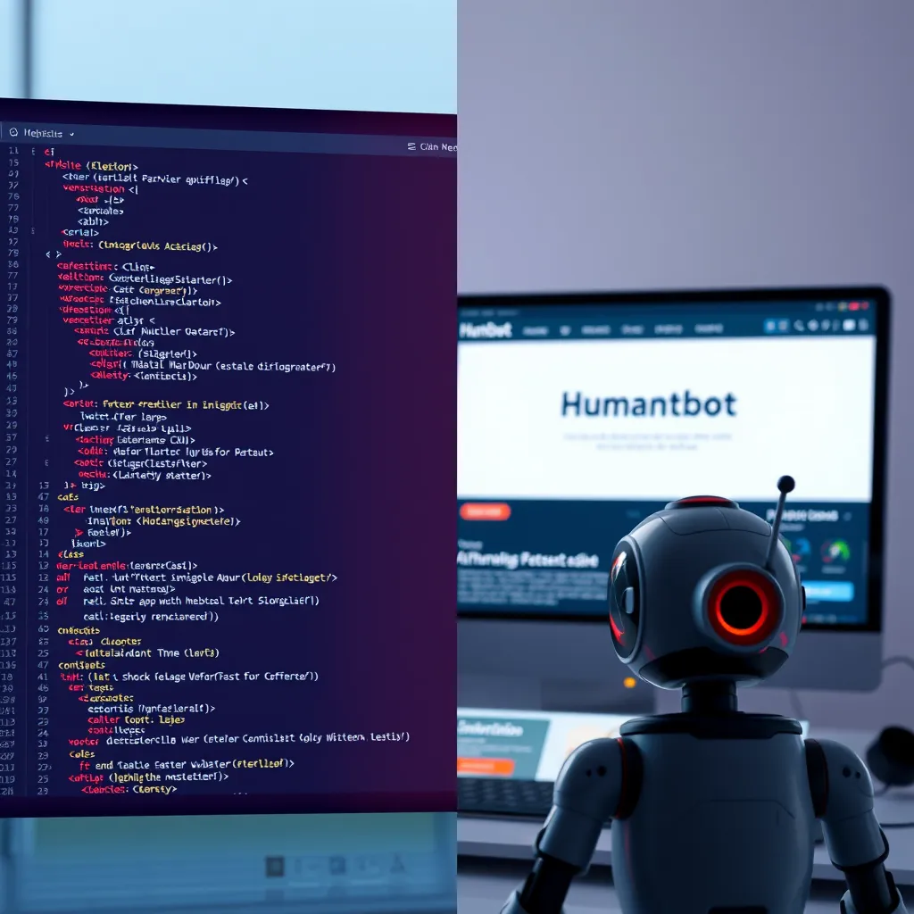 A split-screen image showing a website code editor on one side with code snippets for integration and the other side showing a live website with the Humanchatbot visible in the bottom corner. The editor and live site should look vibrant and dynamic.