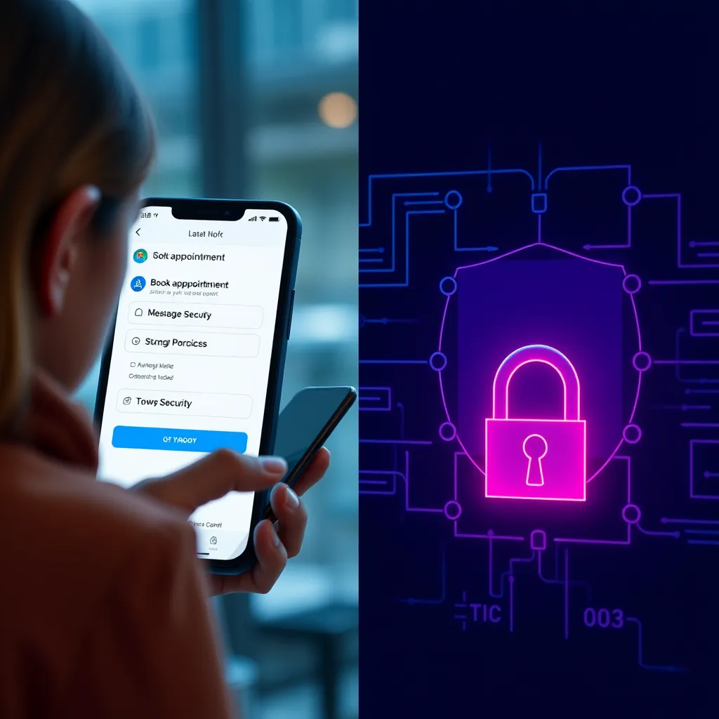 A split-screen image showing on one side a user easily booking an appointment via a chatbot on their smartphone, and on the other side, strong security elements like a shield, a lock, and a verification process appearing in graphic form, emphasizing the balance between convenience and security.