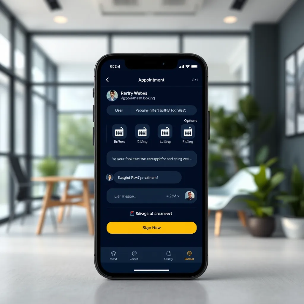 A user-friendly chatbot interface on a mobile device displaying an appointment booking feature, with graphical calendar icons and user options. The background should depict a serene office environment to convey ease of booking.