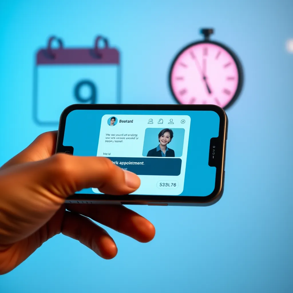 A user interface on a smartphone showing a chatbot window where a user is booking an appointment. The background features a stylized calendar and clock, emphasizing the ease and efficiency of online scheduling.