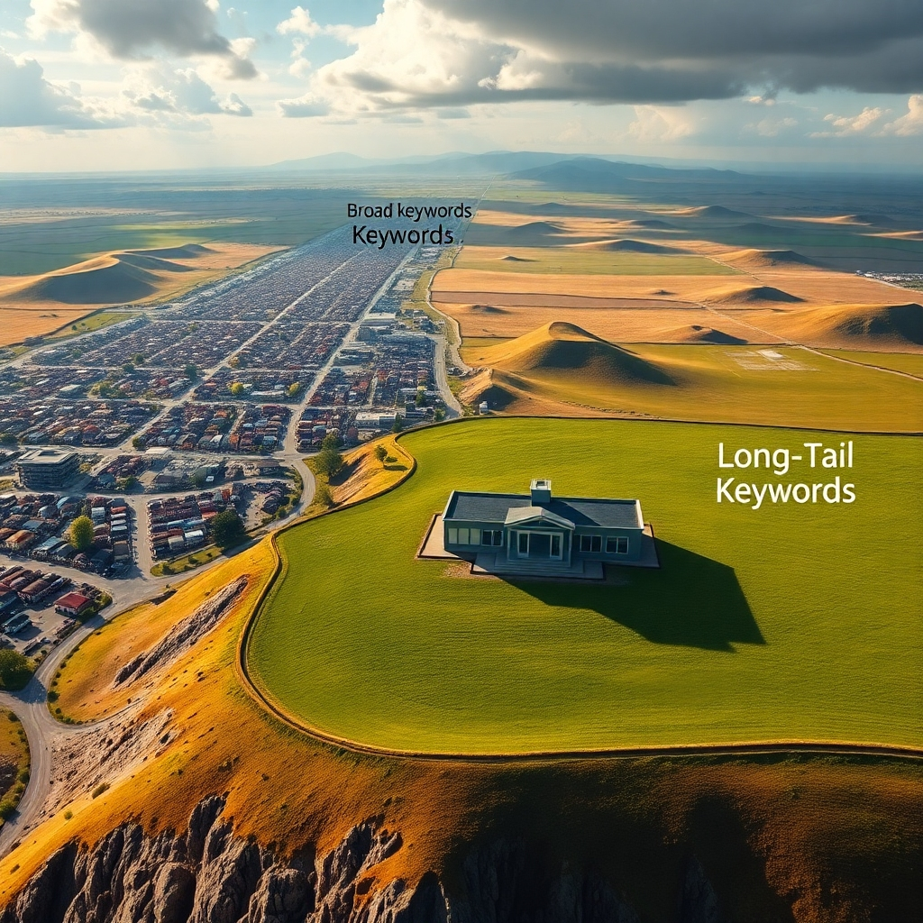 A vast landscape representing a competitive marketplace with contrasting areas: one bustling and crowded, labeled 'Broad Keywords,' and the other open and clear, labeled 'Long-Tail Keywords.' A small business building stands proudly in the clear area, symbolizing improved visibility.