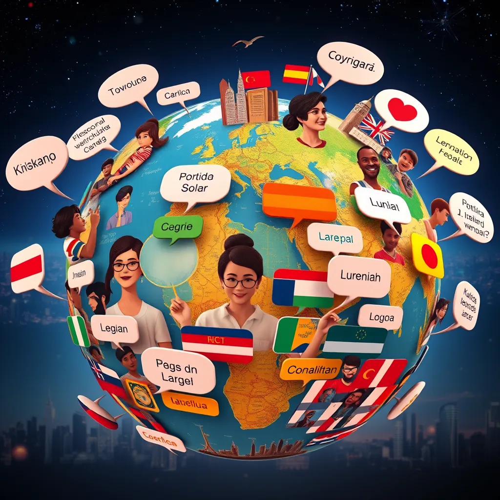 A vibrant globe showcasing diverse people communicating across different cultures using their native languages. Include speech bubbles in various languages, emphasizing global connectivity and inclusivity, a backdrop of famous landmarks from around the world to signify a global reach.
