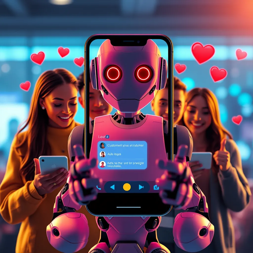 A vibrant image showing a chatbot engaging with a diverse group of customers through a chat interface on smartphones, with elements like hearts and thumbs-up emojis depicting positive interactions.