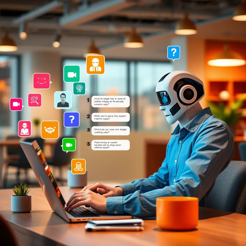 A vibrant scene of a customer interacting with a chatbot on a laptop, surrounded by colorful icons representing different services. The setting is a modern office with an inviting atmosphere, highlighting engagement and communication.