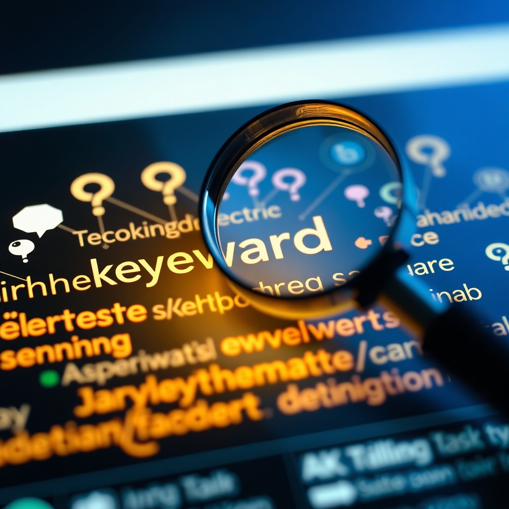 A visual representation of a magnifying glass over a collection of keywords, showcasing connections and lines to user intent symbols like question marks and thought bubbles, set against a backdrop of a digital search interface.