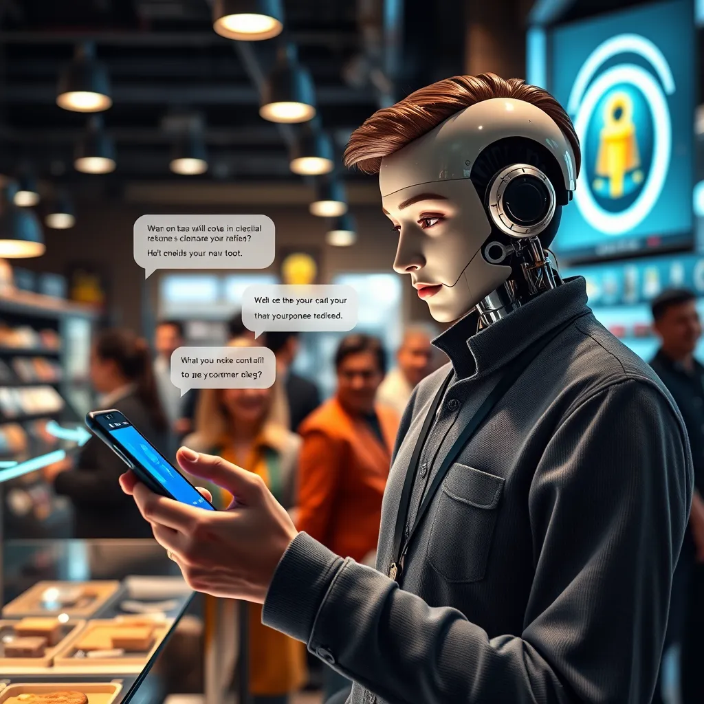 A visualization of a chatbot in action, with a user chatting on a smartphone and receiving instant replies. The background should feature satisfied customers in a bustling shop, showcasing quick interactions enhancing customer experience.