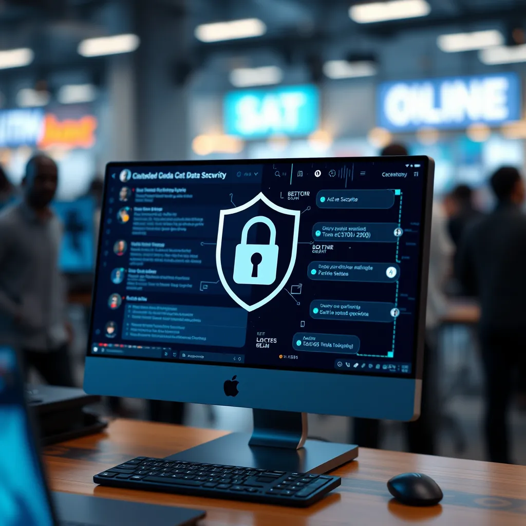 A visually appealing image showing a modern chatbot interface on a computer screen with a lock symbol, representing data security. Include elements like a shield, digital codes, and a blurred background of a busy online environment.