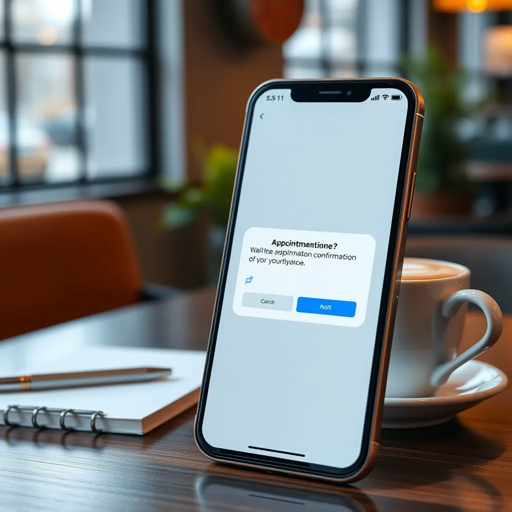 A visually appealing notification on a smartphone screen displaying an appointment confirmation message. The background includes a relaxed setting like a coffee shop, with a latte and a notepad, emphasizing automation and convenience.