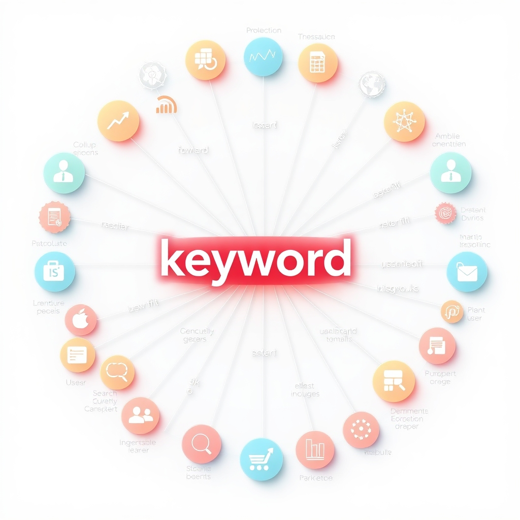 A visually engaging diagram that illustrates the concept of semantic keywords, showing a central keyword with branching related terms, surrounded by diverse user search queries. Include icons representing data analysis and search engine optimization, on a clean, modern background.