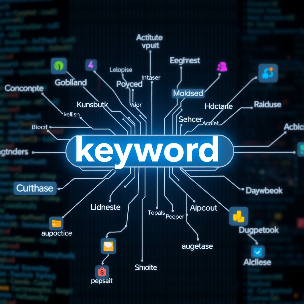 A visually stunning infographic showcasing various semantic keywords branching out from a central keyword. Each branch prominently displays related terms and concepts. The background features a digital representation of a search engine, with colorful icons symbolizing information flow and connectivity.