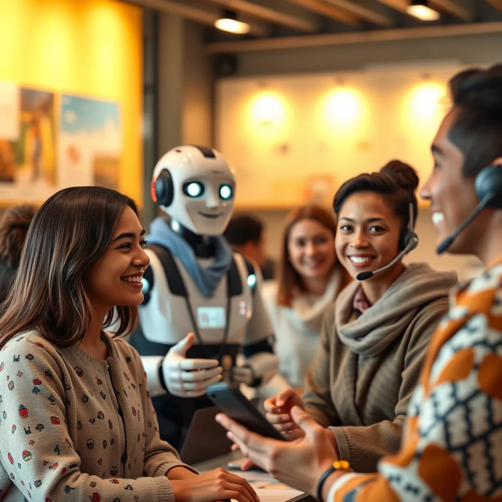 A warm and inviting customer service environment where a multi-lingual chatbot interacts with happy customers from diverse backgrounds. Show individuals smiling as they receive assistance in their native languages, highlighting the positive impact on the customer experience.