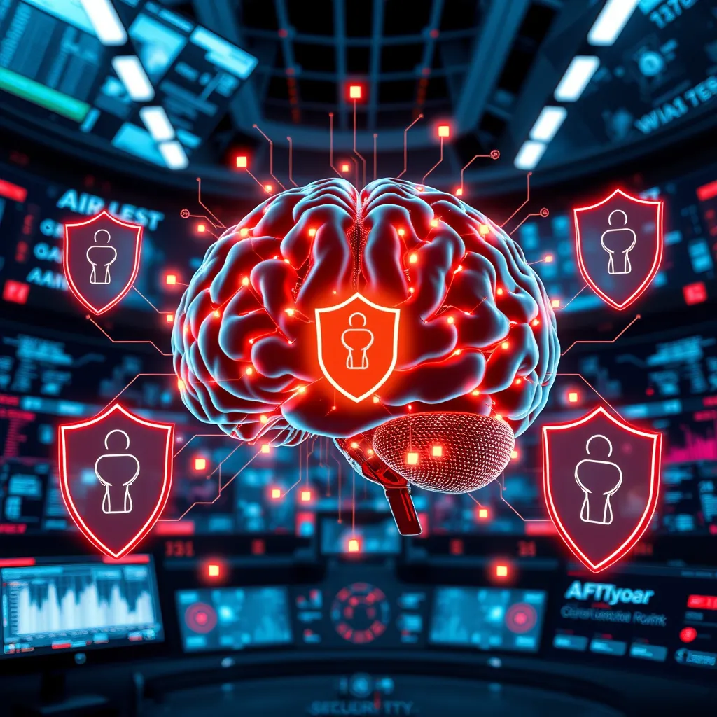 An AI brain visual with glowing circuits, surrounded by digital shields and alerts indicating real-time security monitoring. The background should be a high-tech control center with screens displaying data analytics, conveying the advanced security features of AI.