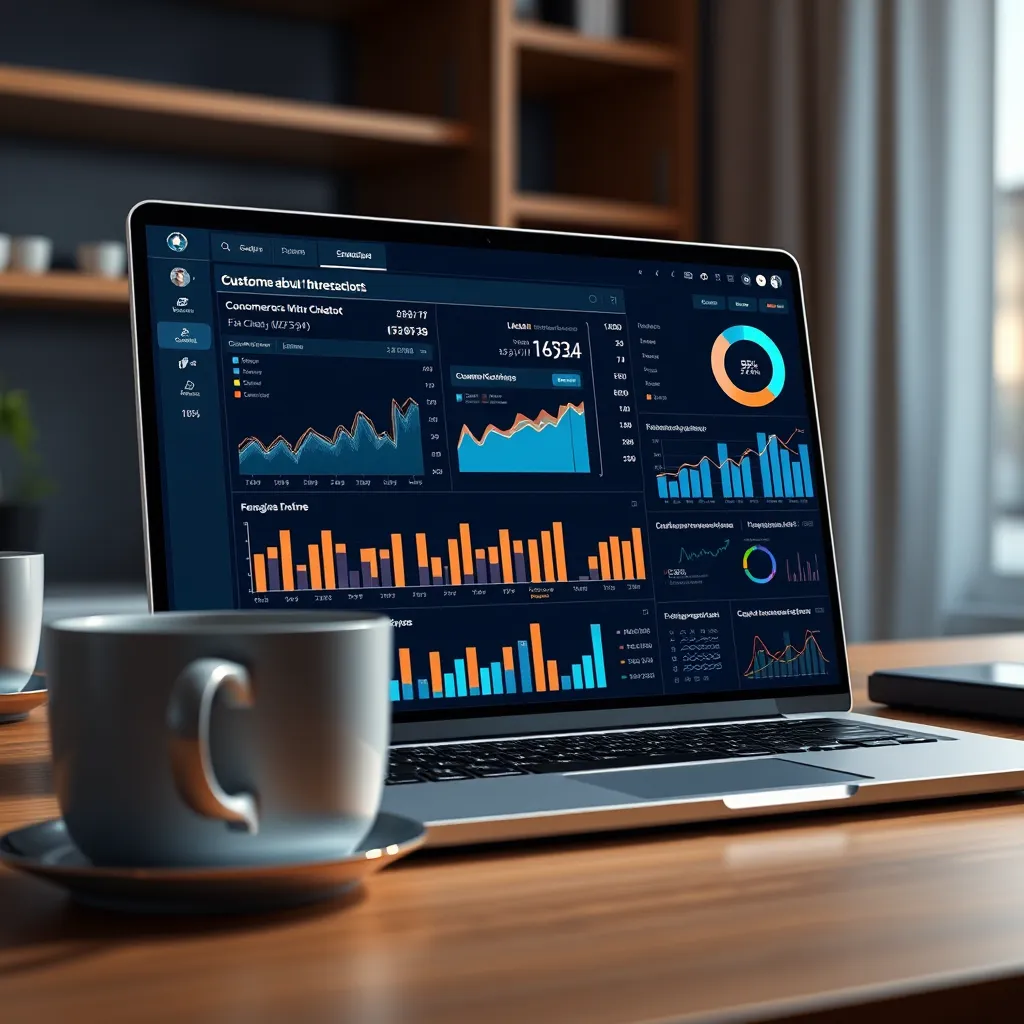 An analytical dashboard displaying data visualizations, such as charts and graphs, about customer interactions with a chatbot. Show a digital workspace setting with a laptop and coffee cup, symbolizing a data-driven approach to e-commerce lead generation, complemented by metrics and engagement statistics.