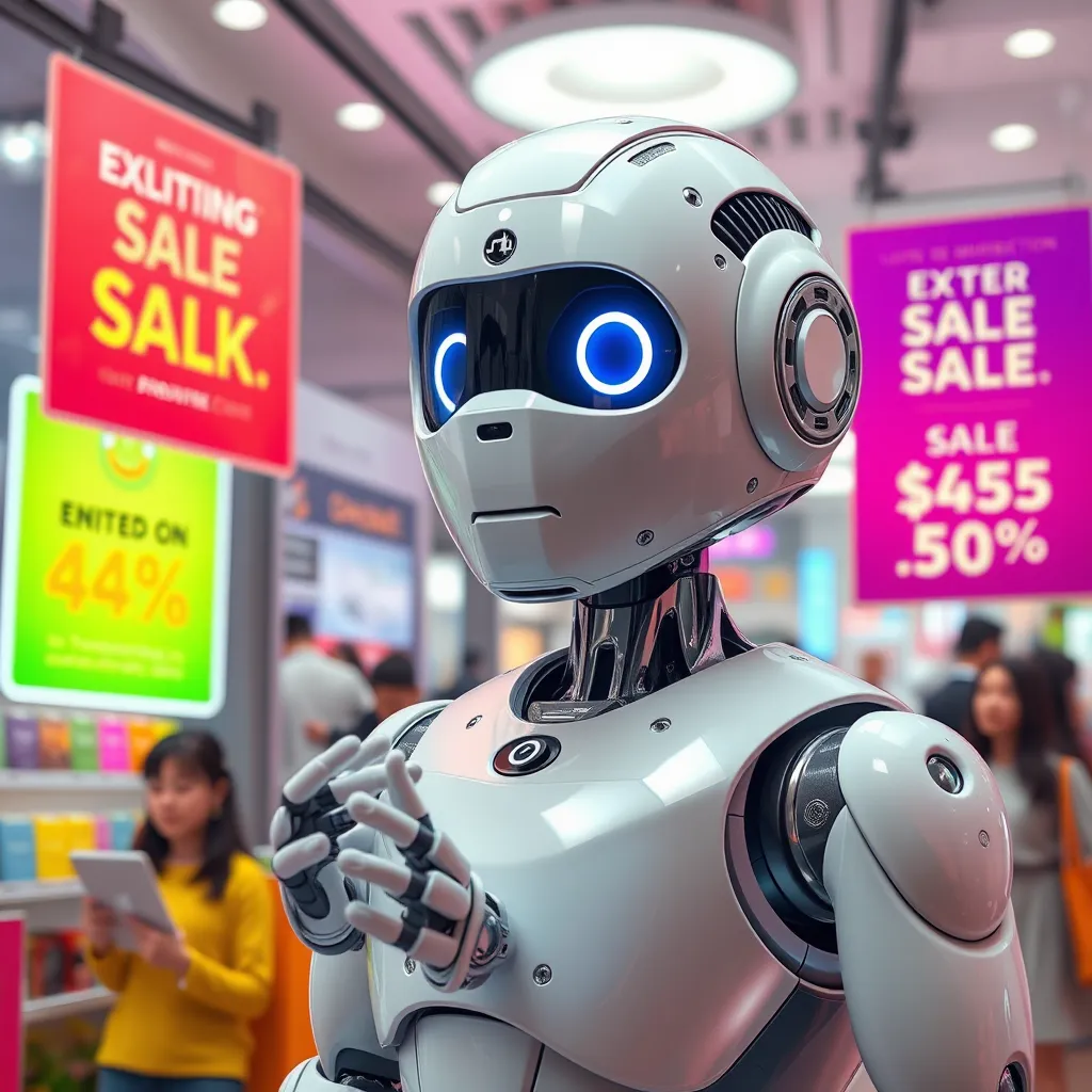 An appealing visual of a chatbot in a vibrant e-commerce environment, showcasing banners with exciting discount offers. Display limited-time promotions and happy customers receiving offers through the chatbot, with colorful graphics emphasizing urgency and excitement.