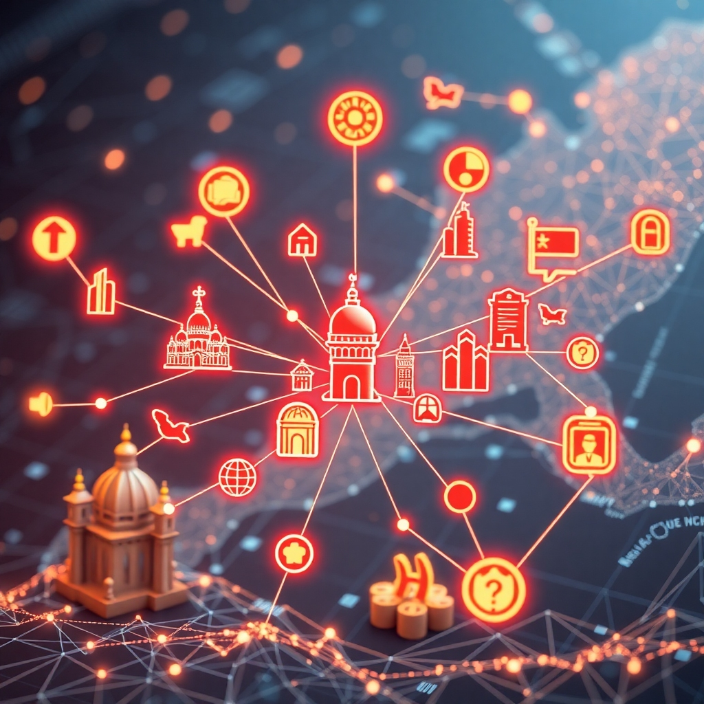 An artistic representation of various entities, such as landmarks, people, and products, visually connected by a network of lines. Each entity is depicted with distinct icons in a dynamic layout. The background includes a digital map highlighting connections, symbolizing contextual relevance.