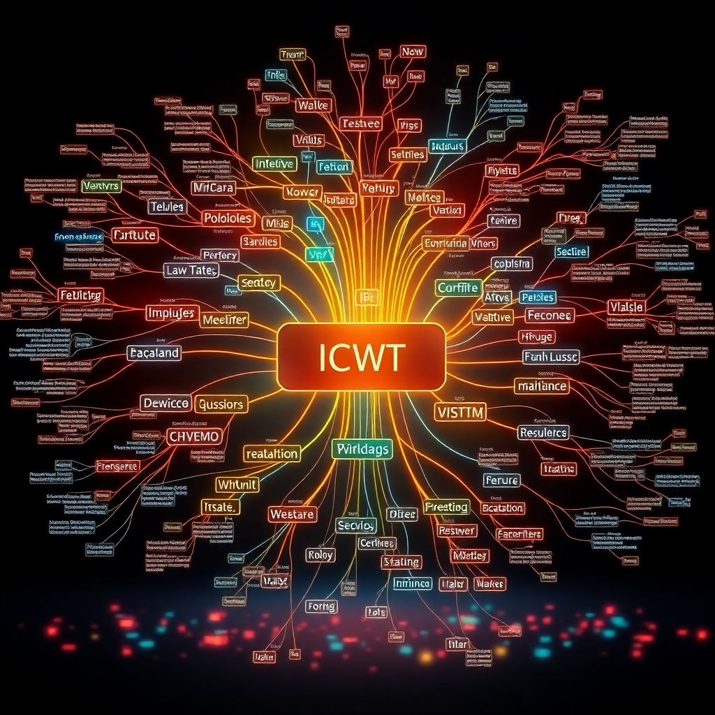 An artistic representation of a digital mind map, with a central theme surrounded by branches of semantic keywords and topical questions. Bright colors and dynamic connections should illustrate the complexity and layered context.