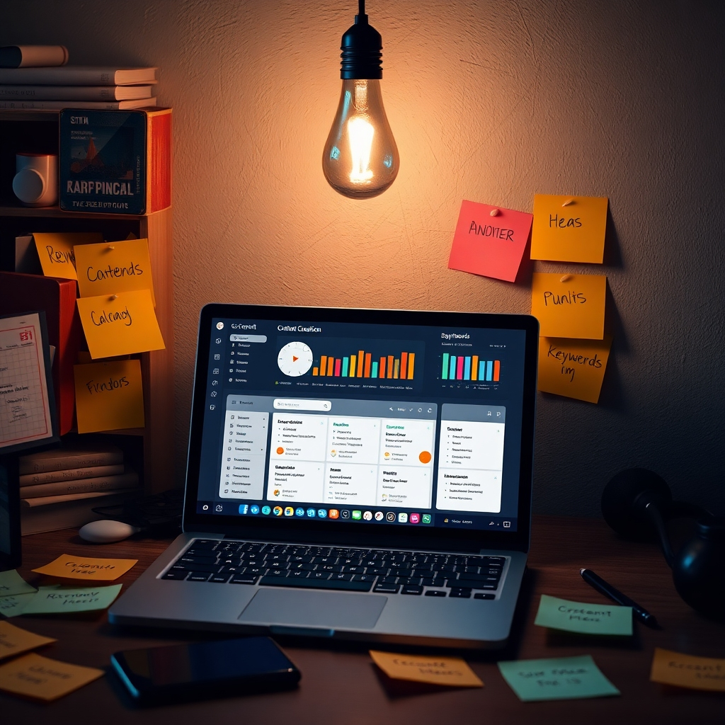 An artistically arranged workspace with a laptop displaying a content creation dashboard. Surrounding are sticky notes with various long-tail keywords and a glowing lightbulb overhead representing ideas. The atmosphere should evoke creativity and relevance in content generation.