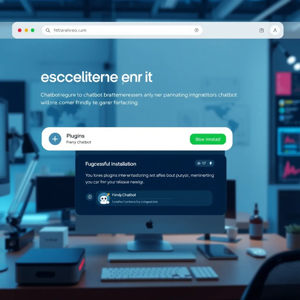 An e-commerce website interface displaying a chatbot integration process, with a focus on visual indicators of successful installation. Include icons representing plugins and APIs, along with a friendly chatbot interface. The background should be a modern tech-themed workspace.