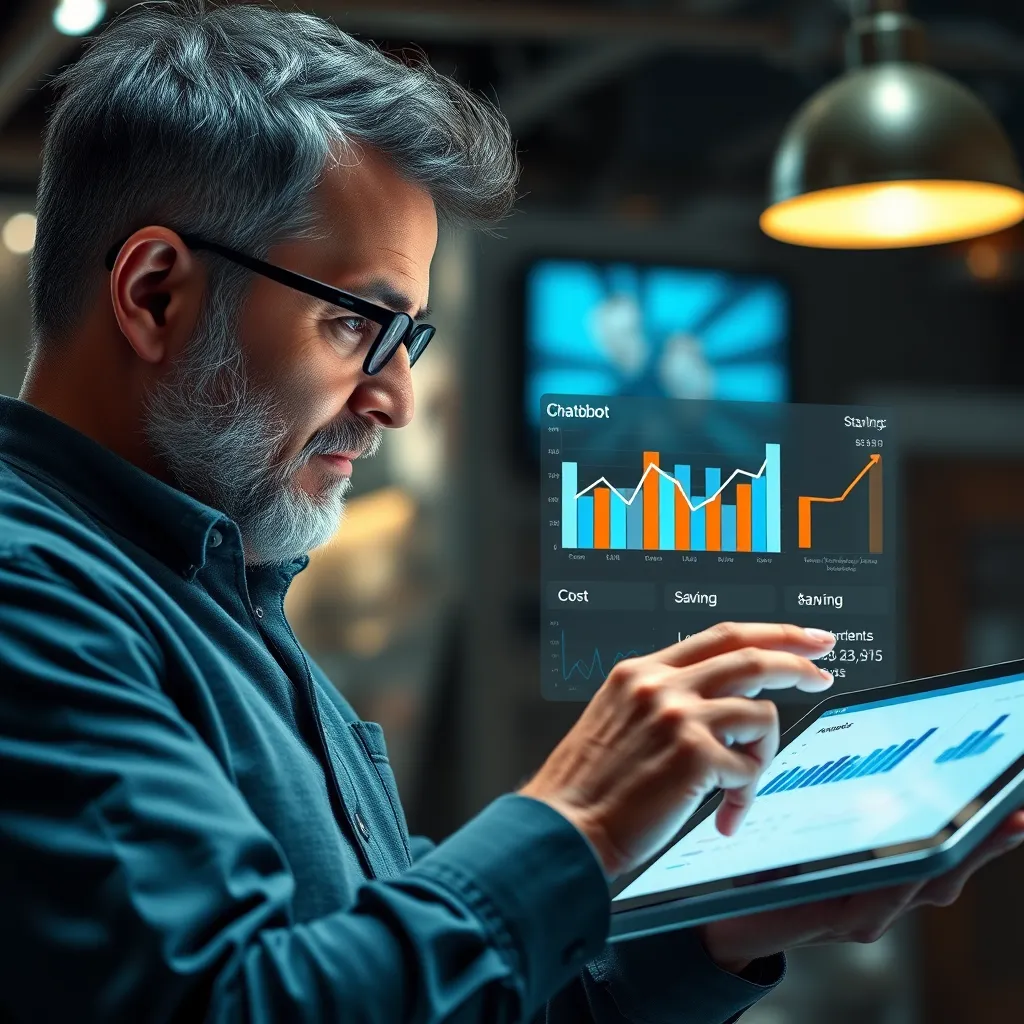 An engaging, photorealistic image of a small business owner looking at analytics on a tablet. The display shows chatbot performance metrics alongside cost savings illustrated with graphs, conveying the financial benefits of integrating chatbots into their operations.