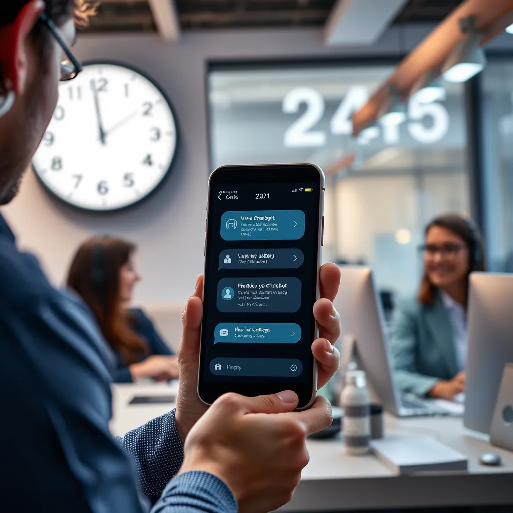 An engaging scene depicting a customer interacting with a chatbot on a smartphone. In the background, a clock showing 24/7 operation and happy customer service representatives working efficiently, highlighting the efficiency and benefits of chatbots in customer support.