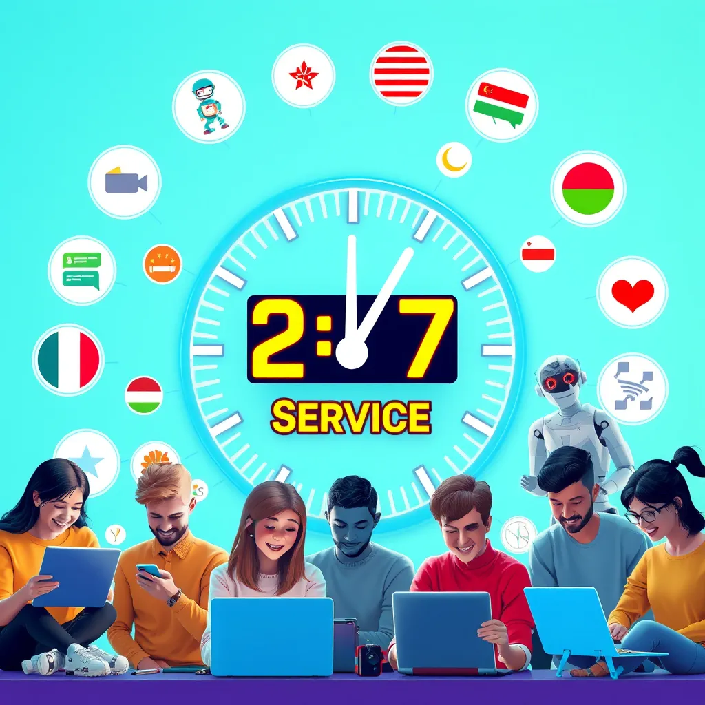 An engaging scene of a digital clock indicating 24/7 service surrounded by multilingual chatbot icons. Illustrate a diverse group of people happily interacting with chatbots on laptops and smartphones, creating a sense of constant availability and support.