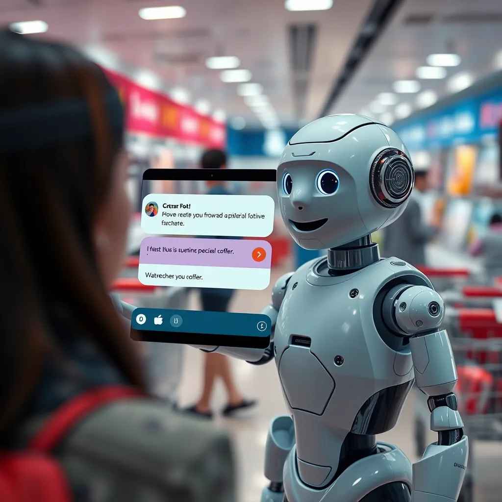 An engaging scene showing a chatbot on an e-commerce platform alerting a customer about a special offer. The chatbot appears friendly and inviting, with colorful graphics or notifications highlighting discounts. Imagery of shopping carts and product images in the background illustrate an active shopping environment.