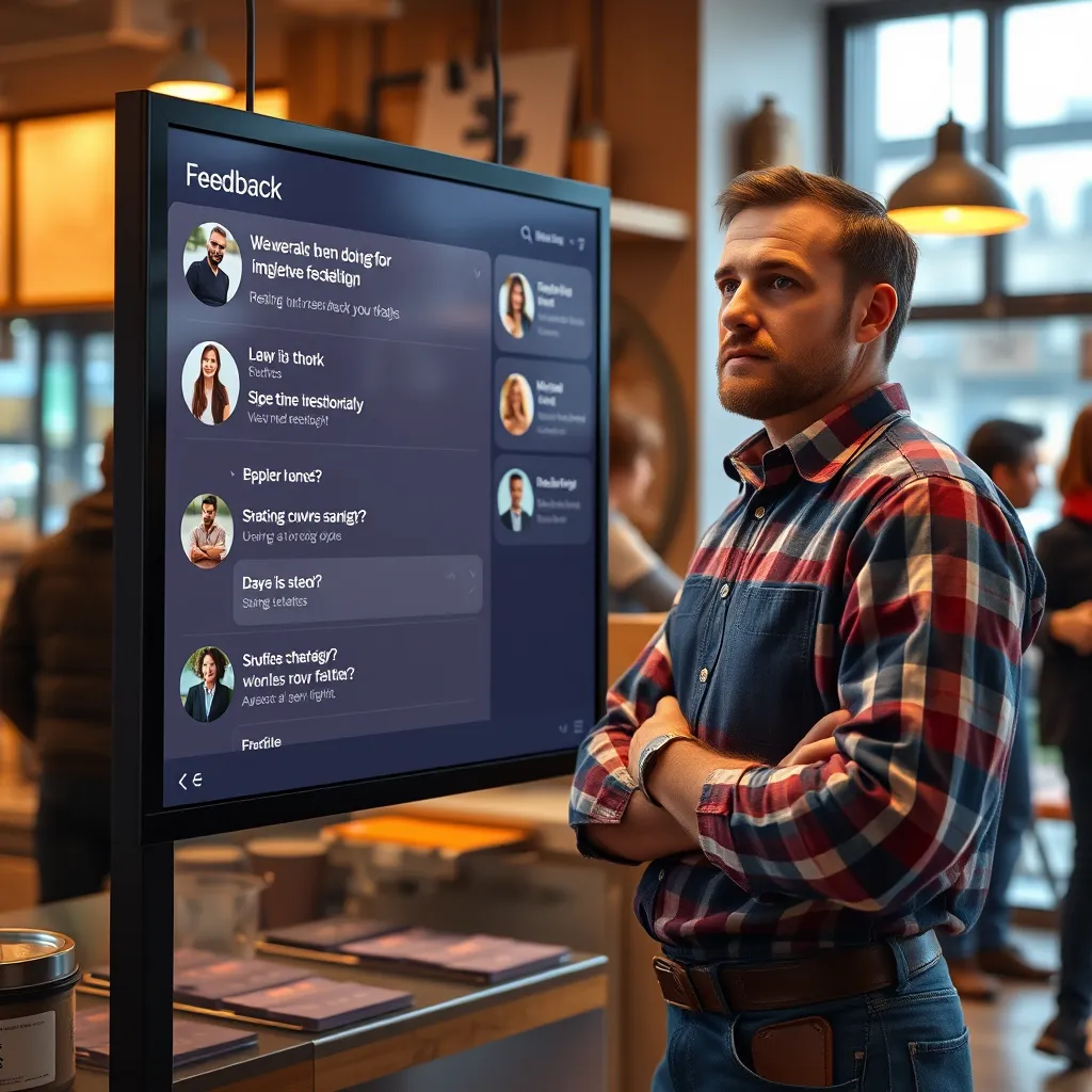An engaging visual of a small business owner standing next to a large digital screen displaying real-time feedback from customers. The background shows the shop's interior, bustling with customers, while the owner reviews the feedback with a look of determination.