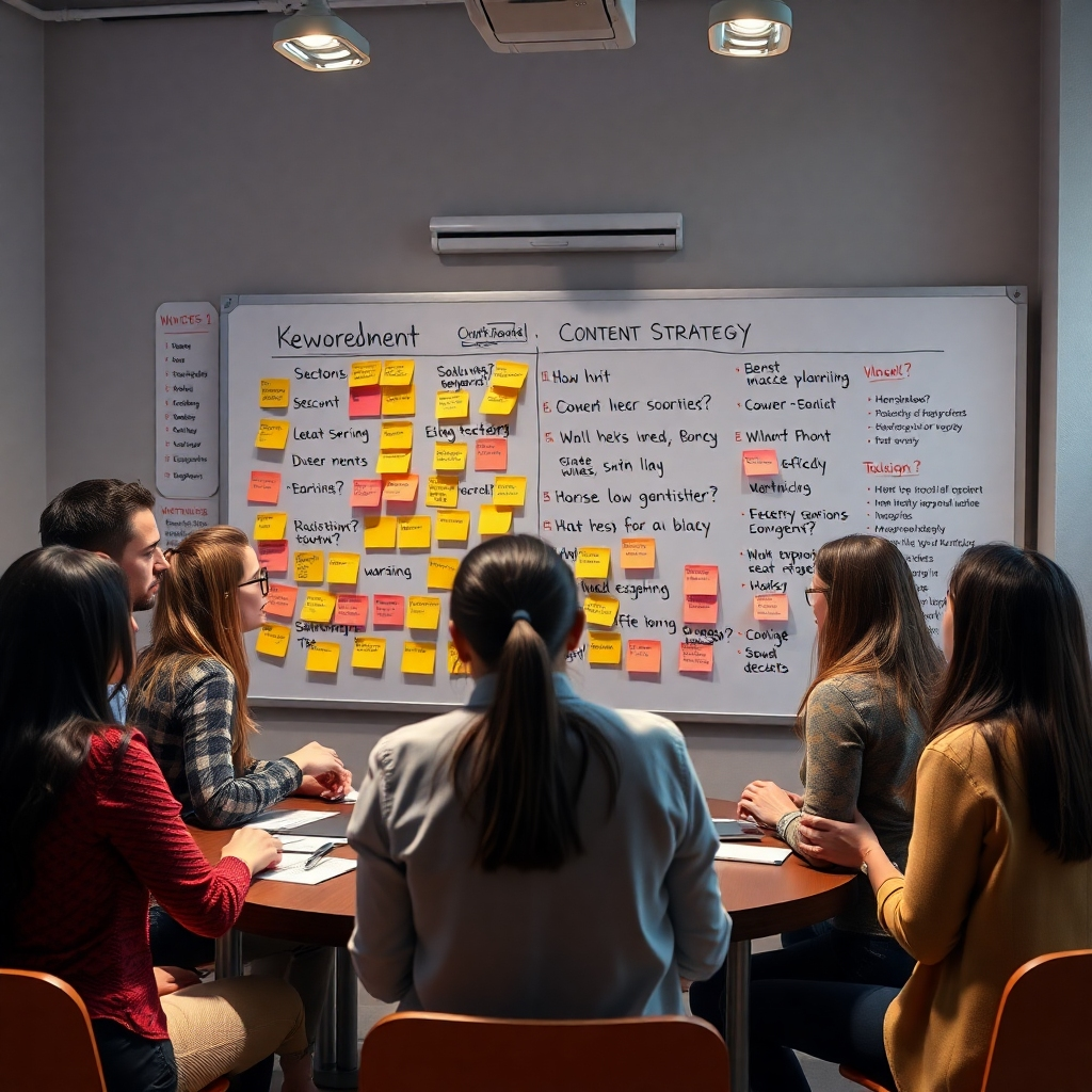 An eye-catching scene depicting a digital brainstorming session, with a diverse group of people discussing questions on sticky notes. A whiteboard filled with keywords and questions stands in the background, highlighting user engagement and content strategy.