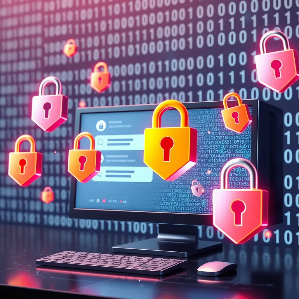 An illustration depicting a digital environment where data is being encrypted. Show a computer screen with a chatbot interface, surrounded by floating digital locks and shields indicating security, against a backdrop of binary code to represent data flow.