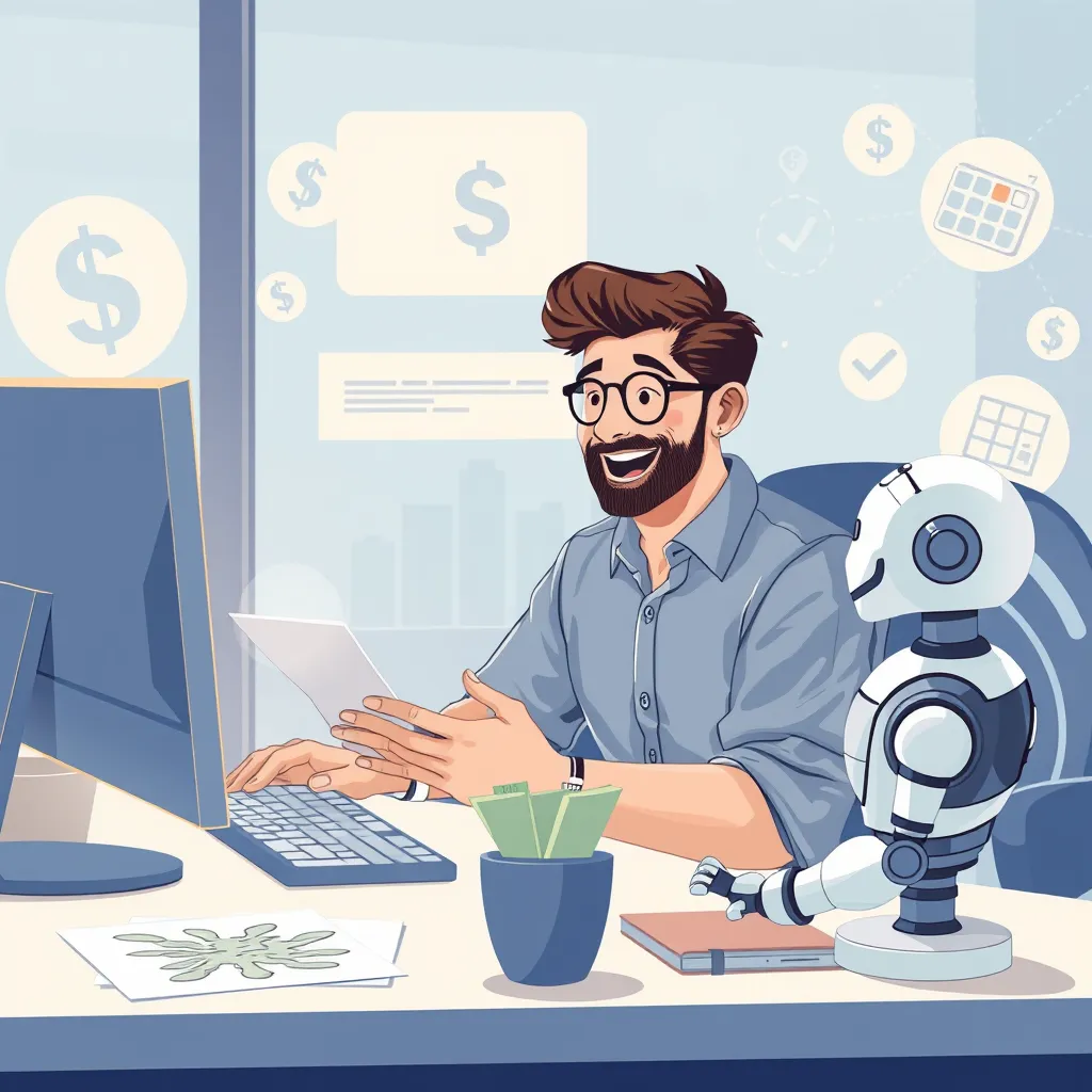 An illustration showcasing a small business owner happily reviewing their expenses on a computer, with a chatbot next to them, and various cost-saving icons like dollar signs and a calculator in the background.