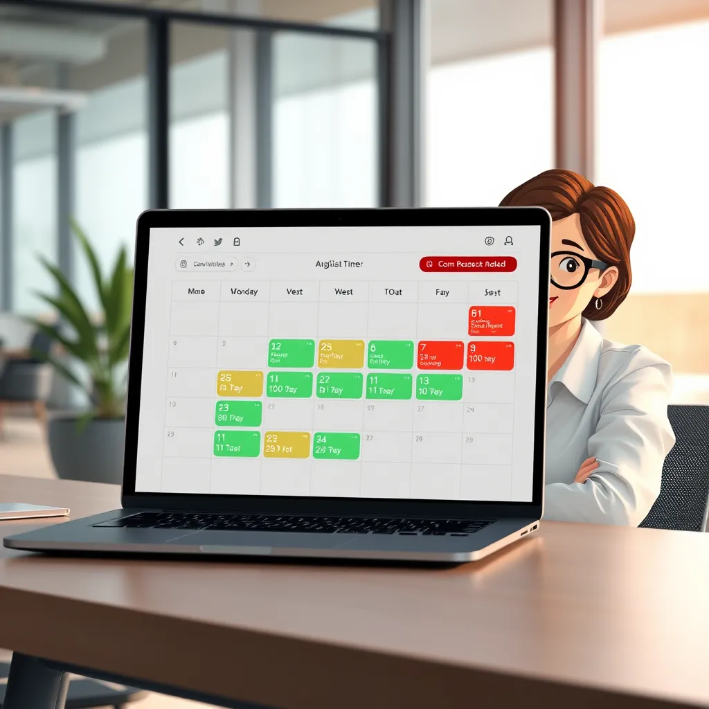 An illustration showing a digital calendar interface on a laptop screen. The calendar is prominently displaying available time slots in green and booked slots in red. A friendly assistant looks on approvingly, in a modern office setting.