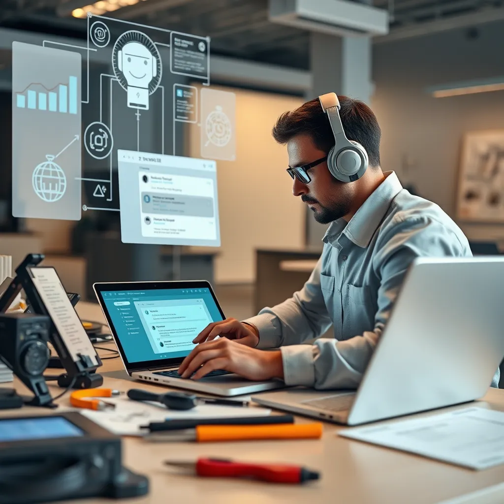 An image of a technician setting up a chatbot interface on a laptop, surrounded by tools and digital integration diagrams. The setting should be a modern office with tech elements highlighting the ease of setup.