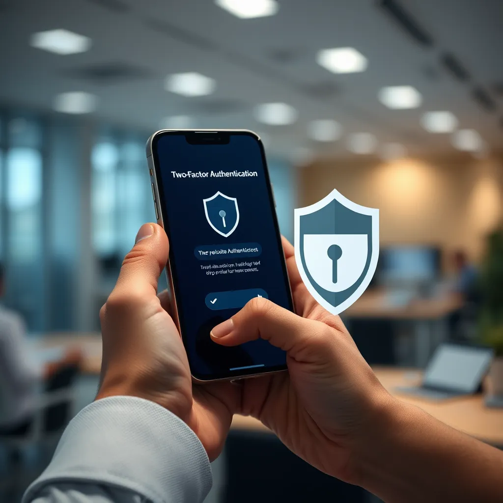 An image showing a person using a smartphone with a two-factor authentication screen, alongside a security shield icon. The background should show a soft-focus office environment to convey a professional atmosphere.