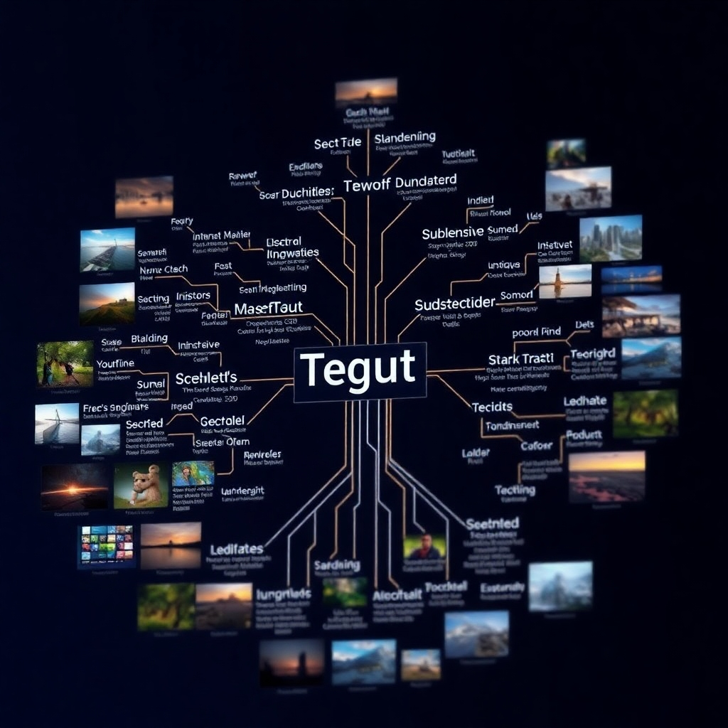 An infographic style image displaying a tree diagram with semantic keywords branching out from a central topic, surrounded by various contextual images related to those keywords.