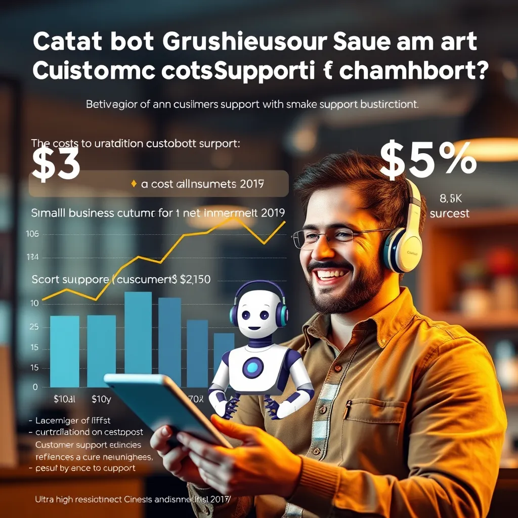 An infographic-style image displaying a comparison of costs between traditional customer support and chatbot implementation. Highlight savings using graphs, with a small business owner smiling, reviewing costs in the foreground with a chatbot icon.