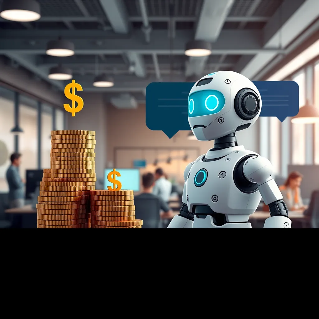 An infographics-style image showing stacks of coins and dollar signs next to a multi-lingual chatbot, symbolizing cost savings. The background is a modern office space with multiple teams engaged in other tasks, highlighting efficient resource utilization.