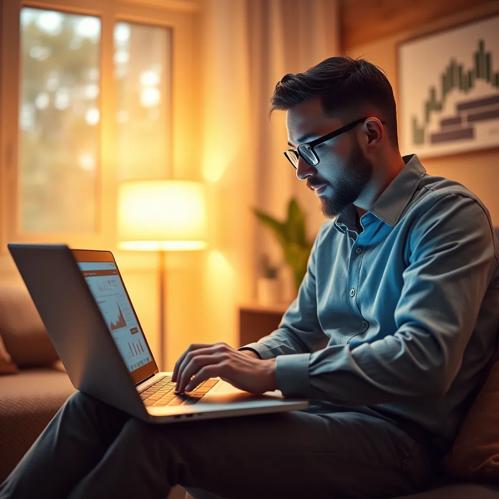 An inspiring image showing a small business owner interacting with a chatbot on a laptop, with charts and graphs on the screen reflecting insights and analytics. The environment should be cozy and inviting, symbolizing growth and innovation.