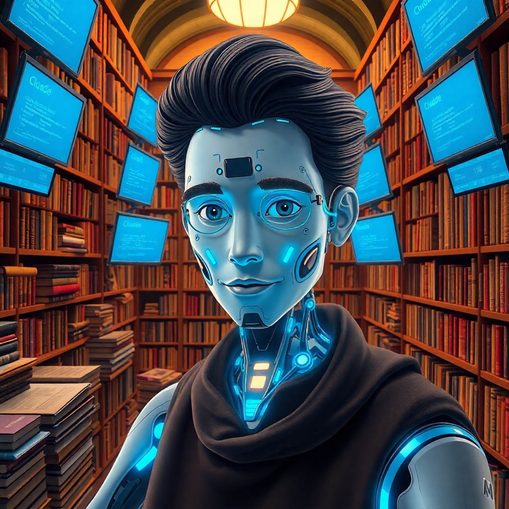 An intricate and colorful visual of Claude AI in a library setting, surrounded by books and digital interfaces displaying language data. The lighting should highlight the books while soft blue hues illuminate the screens. The texture of the library should reflect warmth and knowledge, while the AI presence embodies innovation. This photorealistic image should capture the contrast between traditional and modern technology.