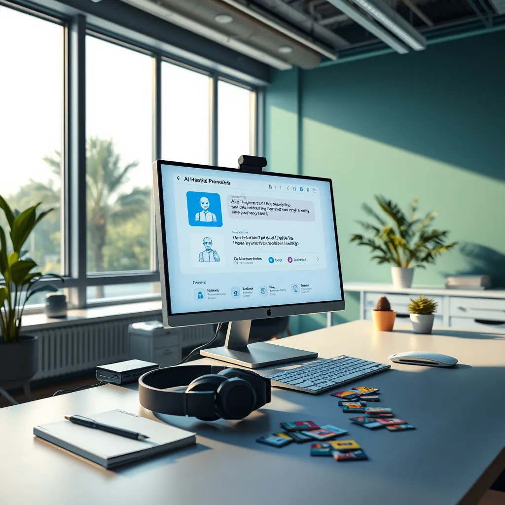 Create a photorealistic image of a modern e-commerce office setup featuring a sleek computer screen showcasing an AI chatbot interface actively promoting products. Soft diffused lighting illuminates the workspace, emphasizing the futuristic technology while maintaining a warm, inviting atmosphere. Use a color palette of calming blues and greens to evoke trust and engagement. Capture the scene from a slightly elevated angle to highlight the interaction between the user and the chatbot. Textures should include a matte finish on the desk and a glossy surface on the screen. Include elements such as stylish headphones, a notepad, and colorful product samples scattered on the desk. The background should feature large windows allowing natural light to flood in, creating depth. The overall style should reflect a contemporary corporate aesthetic, with hyperrealistic details and an 8K resolution to ensure clarity.
