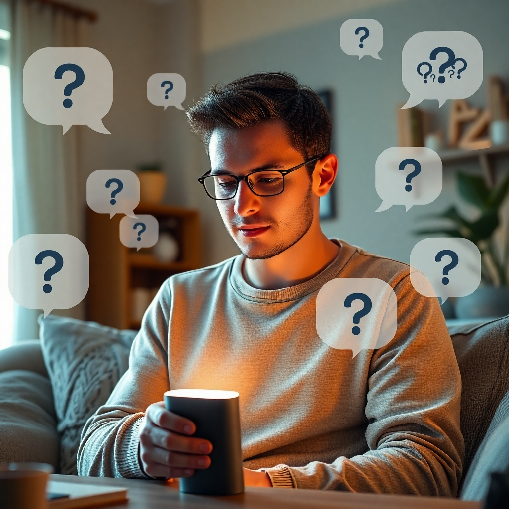 Depict a person using a voice-activated device at home, surrounded by floating speech bubbles containing entity-driven questions. The background should be a cozy home setting with a futuristic touch, showcasing the integration of technology in daily life.