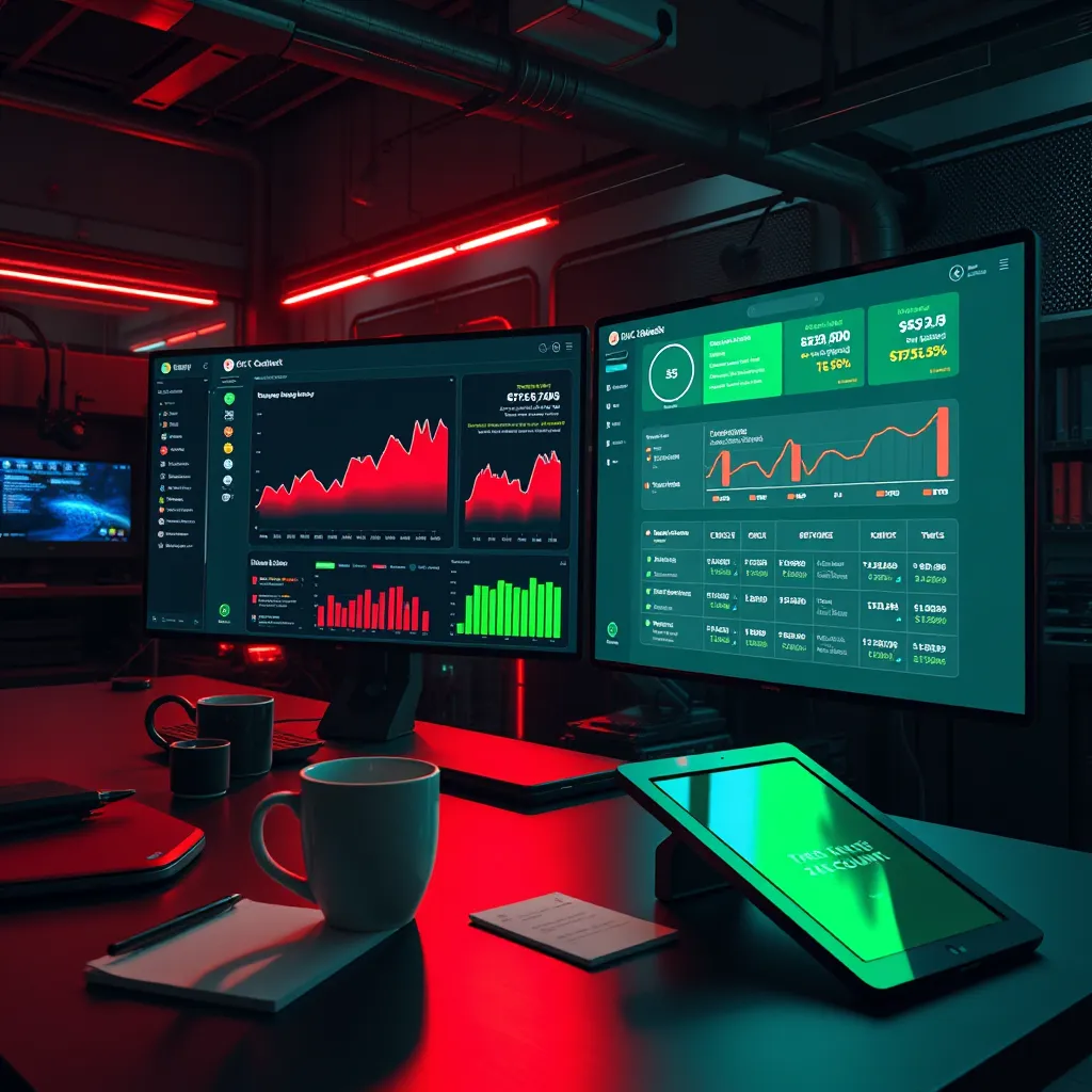 Design an evocative image of a futuristic e-commerce workspace where a chatbot is offering personalized discounts based on user engagement metrics. The composition should include a sophisticated dashboard showcasing analytics alongside the chatbot conversation on a large screen. Use dramatic side lighting to create contrast and focus on the screen, emphasizing the vibrant graphs and offers displayed. Select a color palette of dynamic reds and greens to signify energy and financial incentives. Capture the scene from an over-the-shoulder perspective to immerse viewers in the user experience. Textures should reflect a mix of sleek metalwork and high-tech digital screens. Include elements such as coffee mugs, notes, and a digital tablet nearby to create a lively environment. Aim for hyperrealism and ultra-high detail in 8K resolution, ensuring clarity in both the visual aesthetic and the interaction depicted.